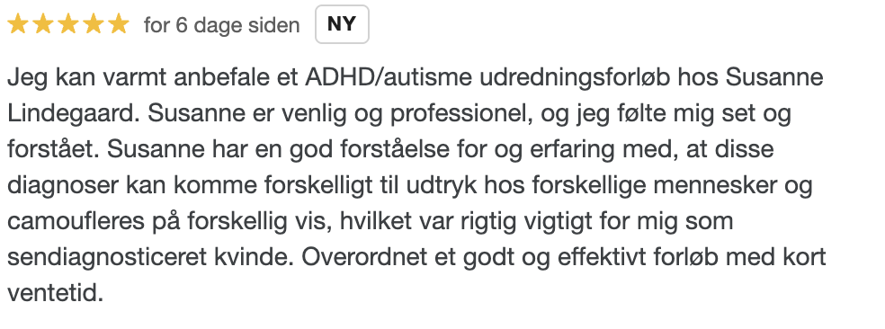 Google review 5 stars psykolog Mentalt Overskud